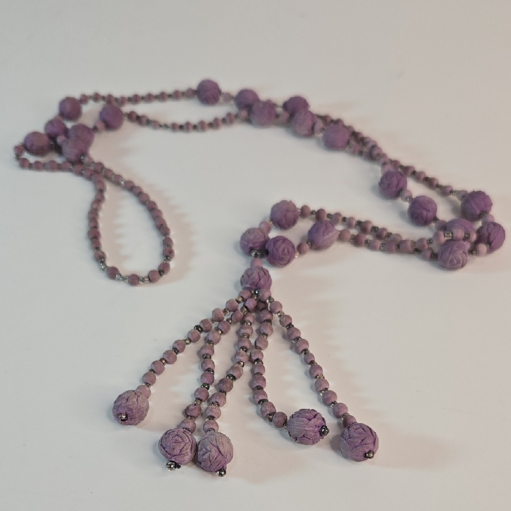 Vintage Crushed-Rose Petal Lavender Bead Necklace Tassel Flapper Victorian - Picture 2 of 6